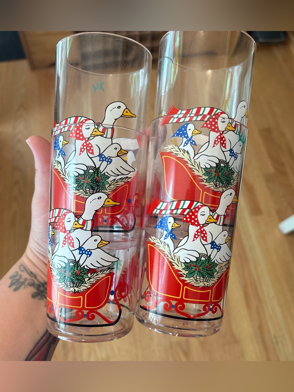 Set of 4 Festive Goose Sleigh Tall Glasses - Red & White Plastic